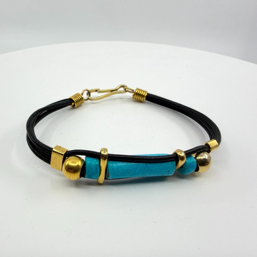 Leather Boho Bracelet Gold Tone Beads Blue Accents Layered Wrap Wrist Jewelry